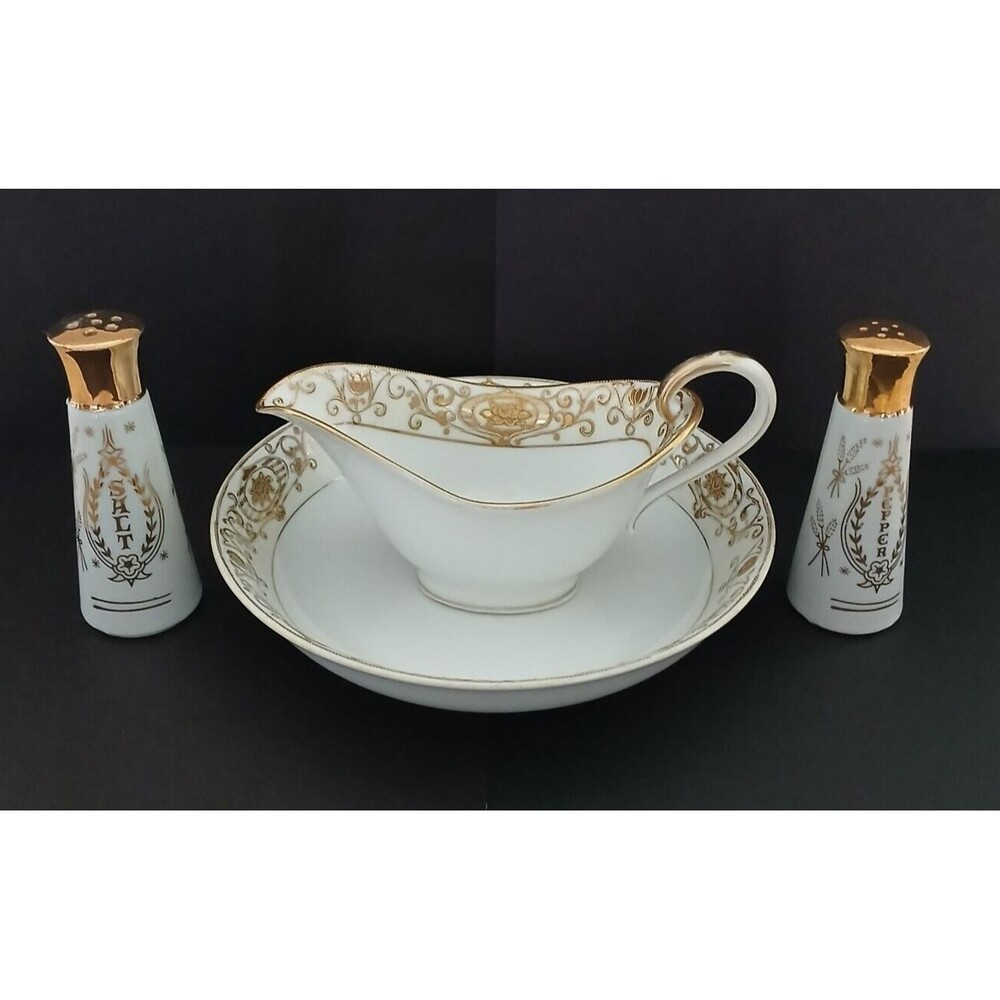 Noritake Japan Hand Painted Embossed Gold Japanese Gravy Boat-Bowl-Salt & Pepper